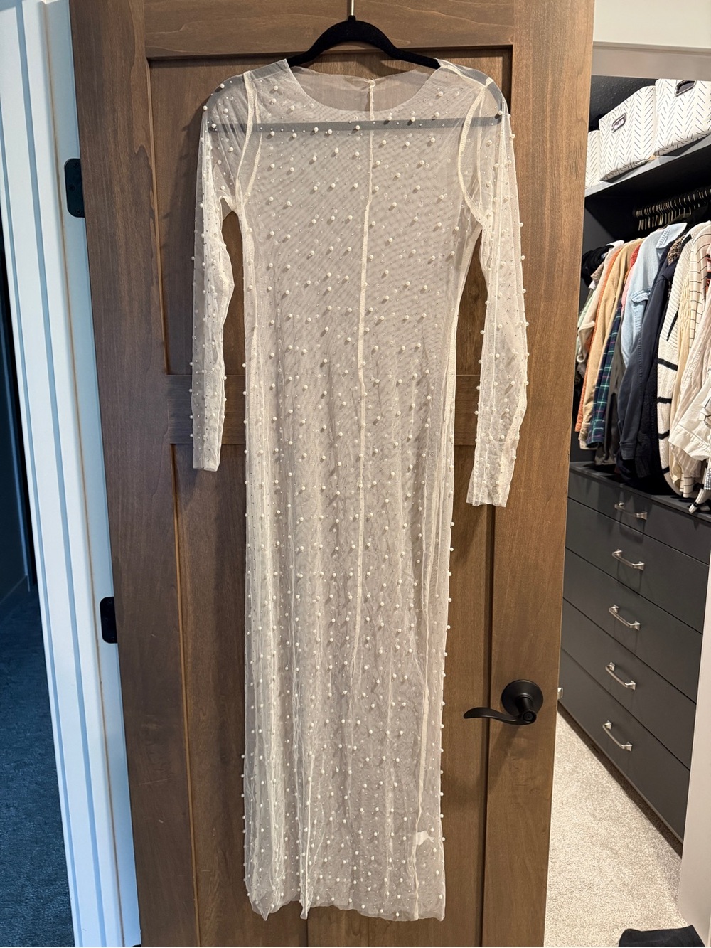 Elegant Sheer Ivory Pearl-Embellished Long Sleeve Dress